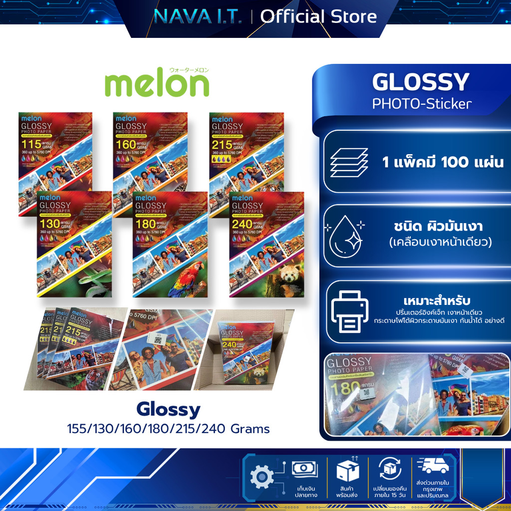 MELON GLOSSY PHOTO PAPER 155/130/160/180/215/240 Grams (100 แผ่น) กระดาษโฟโต้