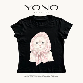 (พร้อมส่ง24ชม) YONO baby tee เสื้อยืดผู้หญิง ลายแมวน่ารัก ทรงเข้ารูป สไตล์เกาหลี y2k ใส่แล้วดูน่ารัก
