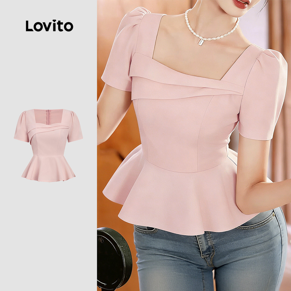 Lovito เสื้อเบลาส์ลําลอง สีชมพู สไตล์รีสอร์ท ทรงระบาย สําหรับผู้หญิง เหมาะสําหรับฤดูใบไม้ผลิ/ฤดูร้อน L189AD049