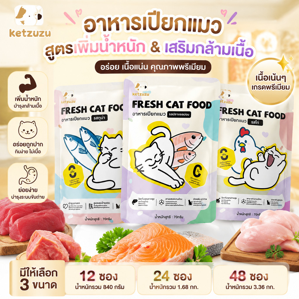 【Ketzuzu】[12/24/48 ซอง] อาหารเปียกแมว ดูแลระบบขับถ่าย รสทูน่า ลดกลิ่นมูล สำหรับแมวโต