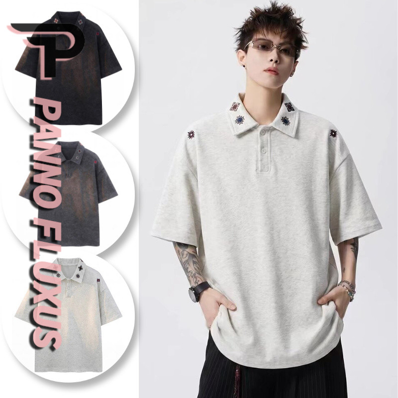 PannoFluxus เสื้อโปโลผู้ชายแขนสั้นแบรนด์แฟชั่นอเมริกันสไตล์เป็นกลางคุณภาพสูง