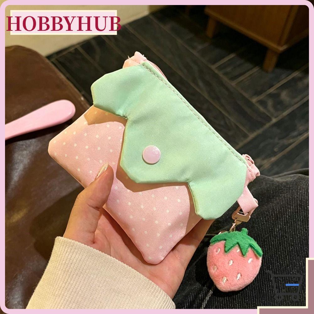 HOBBYHUB กระเป๋าใส่เหรียญ, การออกแบบซิป Polka Dot Mini กระเป๋าเครื่องสําอาง, Multi-functional Strawberry Portable Card Holder Small Accessory Storage