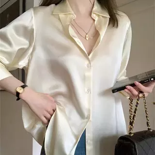 (D-018) Satin Shirt เสื้อเชิ้ต ผ้าซาติน แฟชั่น ผู้หญิง แขนยาว ทรงสวย เรียบหรู ใส่ทำงาน เที่ยว คาเฟ่ Fashion