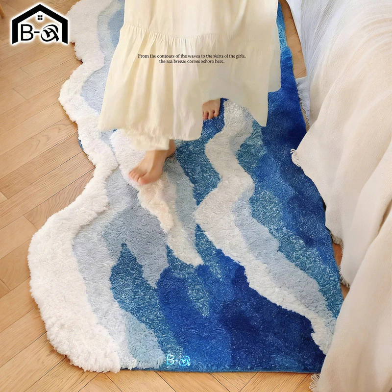 BHQ พรมปูพื้นลายคลื่นทะเล 3D สามมิติ เนื้อนุ่ม หรูหรา สำหรับหอพัก ข้างเตียง ห้องนั่งเล่น