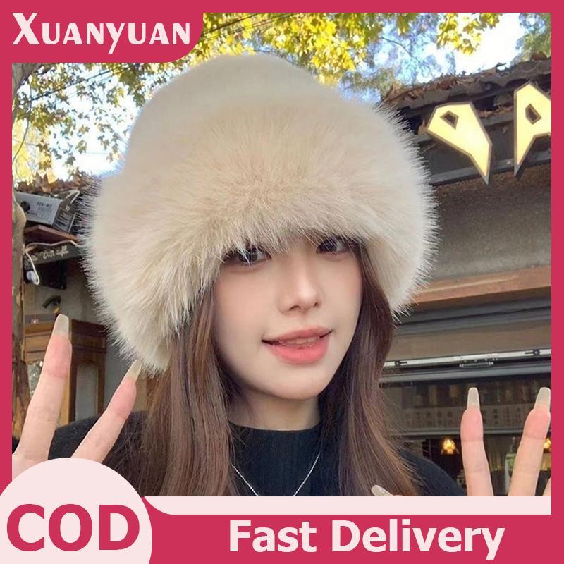 XUAN หมวกฤดูหนาวสําหรับผู้หญิง Faux Fur Fluffy Buet หมวกผู้หญิงหรูหรา Plush มองโกเลียหมวกนุ่มปานามาเล่นสกีขี่อบอุ่น ﻿ ไทย