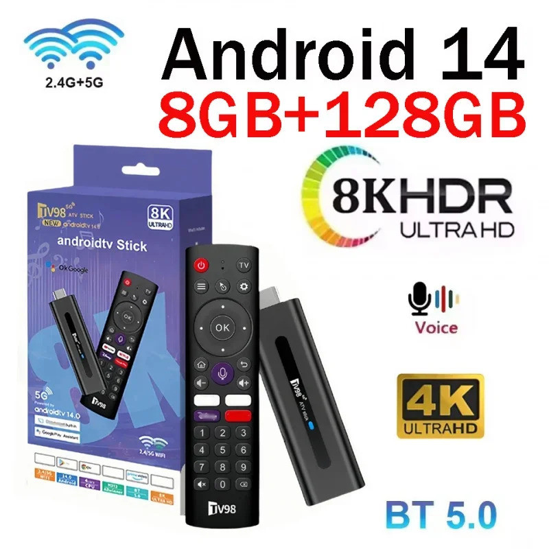 TV98 ATV Stick 8K 4K HD รองรับวิดีโอ BT5.0 Dual WiFi6 4G 5G เสียงระยะไกล Allwinner H313 Quad Core สม