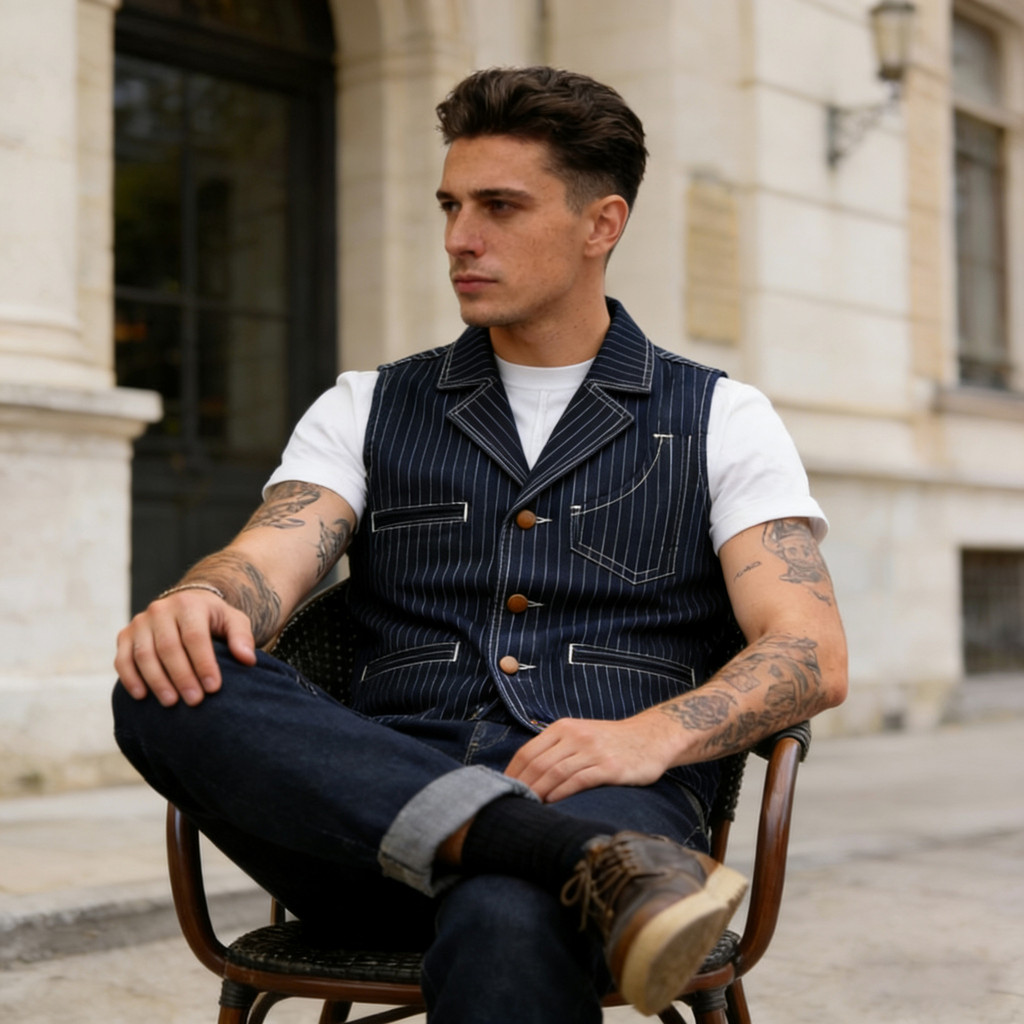 Welfare=OKWO ลาย Denim Suit Lapel Motorcycle Multi-pocket Vest