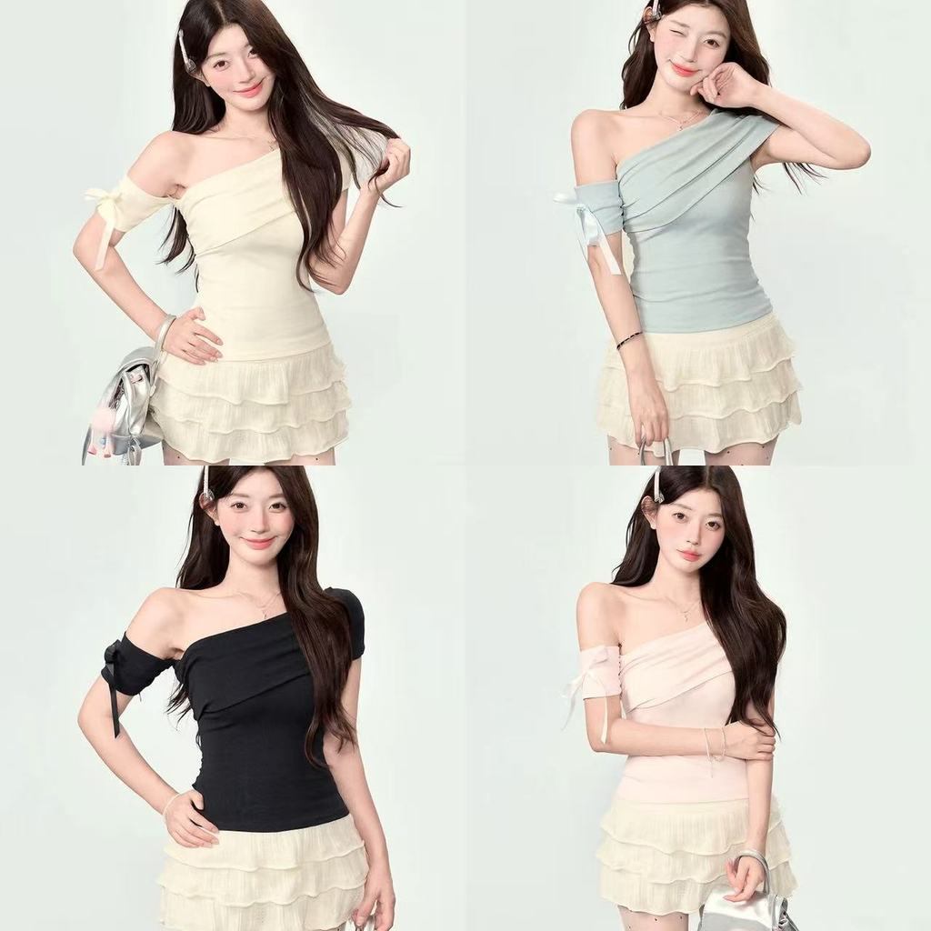 เสื้อยืดแขนสั้นเปิดไหล่สไตล์เกาหลีทันสมัยสำหรับผู้หญิง ใหม่สำหรับฤดูร้อน ทรงเข้ารูปสีแอปริคอตสวยไม่ซ้ำใครใส่ได้หลายโอกาส