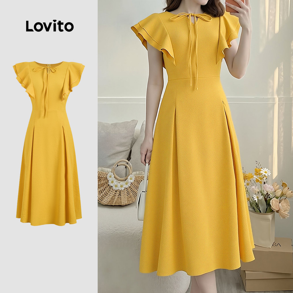 Lovito เดรสสีเหลืองหรูหราพร้อมระบาย สําหรับผู้หญิง สไตล์สปริง/ซัมเมอร์ LK6LD388