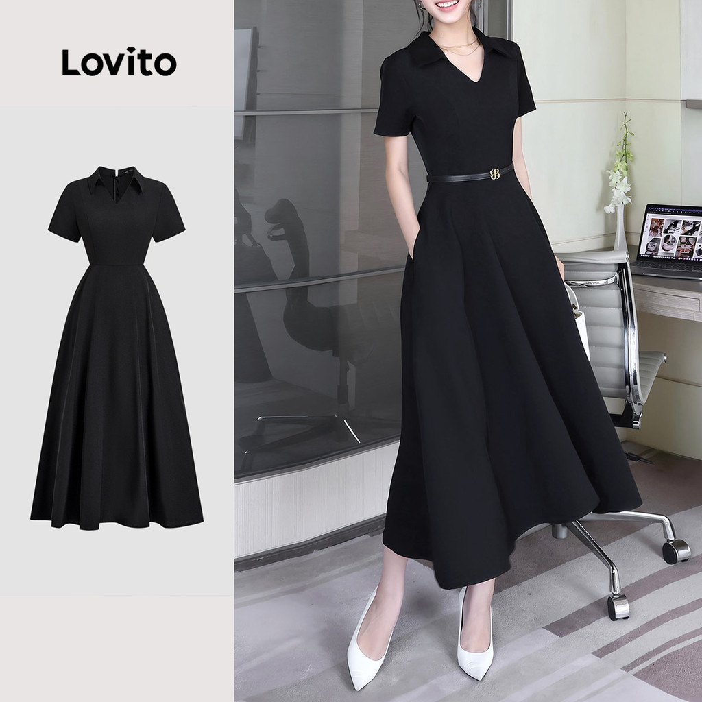 Lovito ชุดเดรสดำสบาย ๆ ช่องใส่ของ คลาสสิก และอเนกประสงค์ สำหรับหญิงสาวในฤดูใบไม้ผลิ/ฤดูร้อน L138ED216
