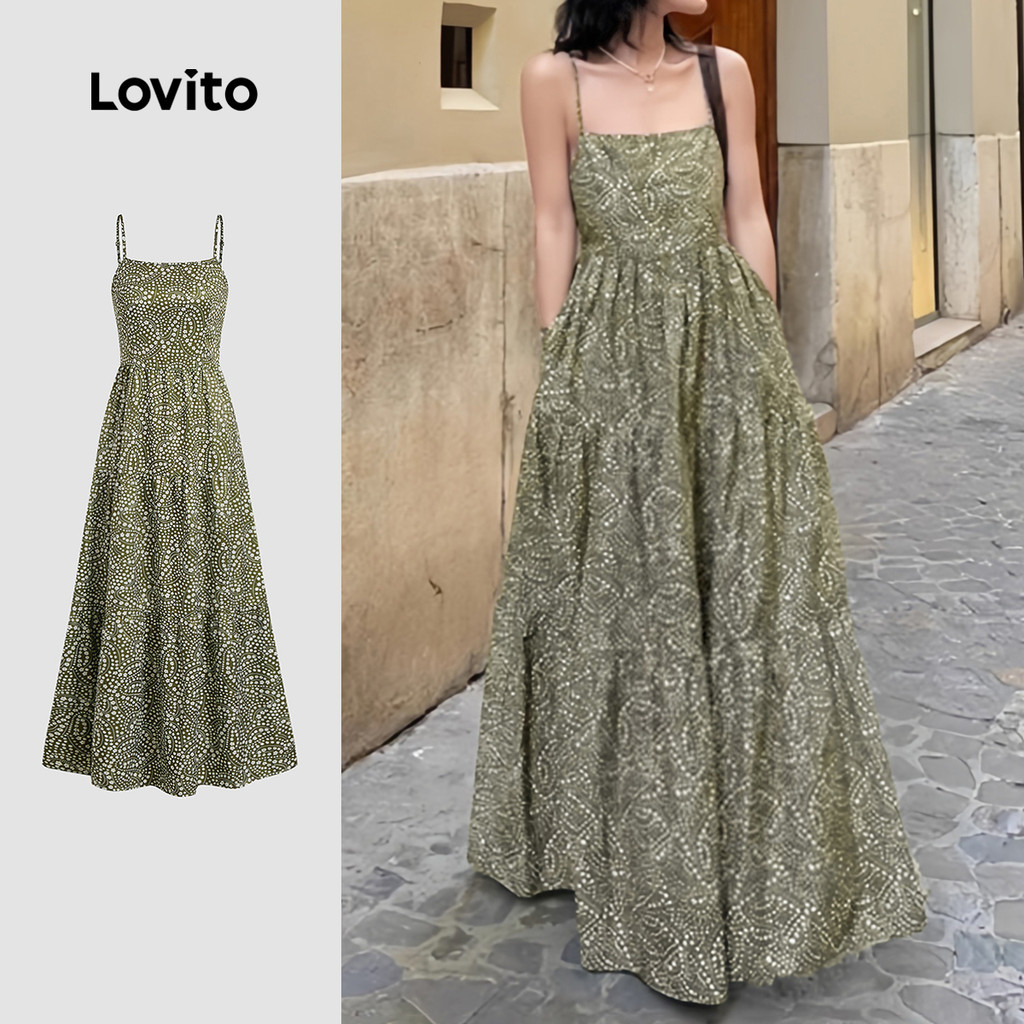 Lovito เดรสโบฮ็อว์รัลเฟิลชายเสื้อไหล่ปรับได้เดรสฤดูใบไม้ผลิ/ฤดูร้อน L137ED320