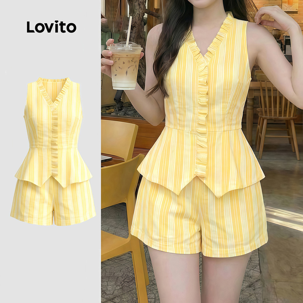 Lovito เสื้อหรือกางเกงลำลองสีเหลืองสำหรับผู้หญิง มีระบายข้างและลายทาง เนื้อผ้าโปร่งเล็กน้อย เหมาะสำหรับฤดูใบไม้ผลิ/ฤดูร้อน LK4ED1035