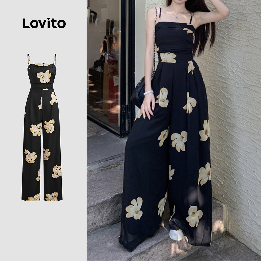 Lovito จั๊มสูทผูกโบว์ลายดอกไม้ลำลองสำหรับผู้หญิงในช่วงฤดูร้อน/ฤดูใบไม้ผลิ L132ED1033