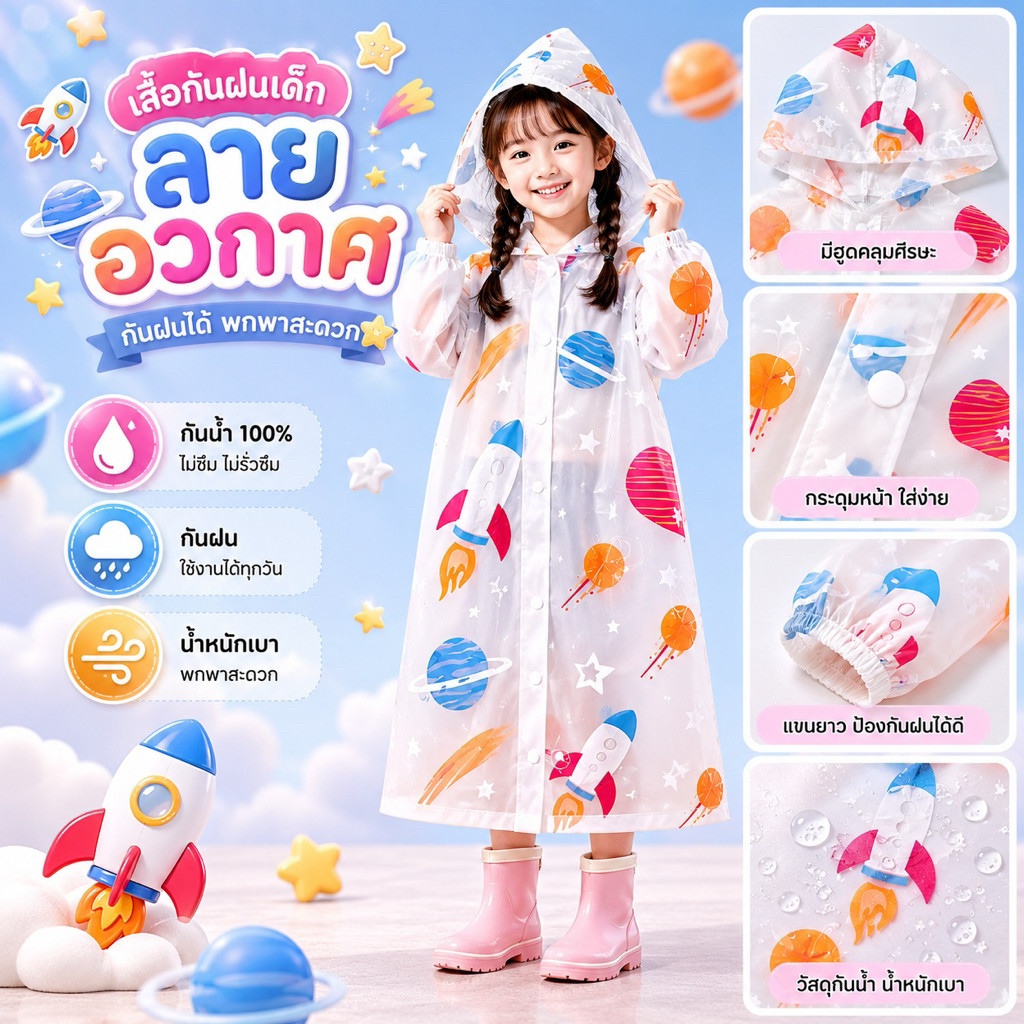เสื้อกันฝนเด็ก PVC ลายน่ารัก กันน้ำ 100% พร้อมฮู้ด แขนยาว พกพาง่าย