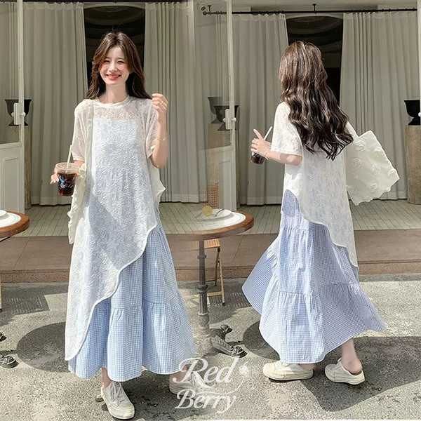 Red Berry เสื้อลูกไม้คลุม สำหรับผู้หญิง ฤดูร้อน สไตล์หวาน แขนสั้น ผ้าโปร่งซีทรู 99466