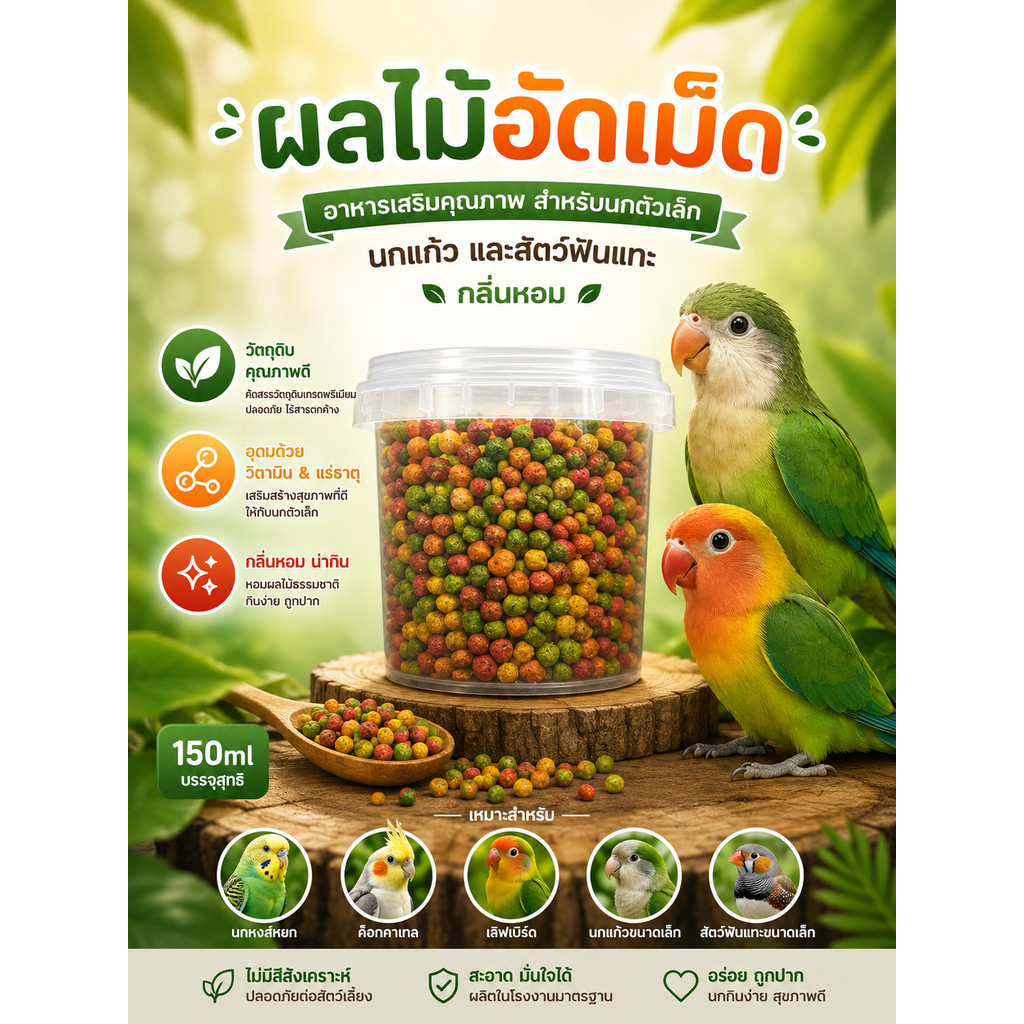 hambit. ผลไม้อัดเม็ด 150ml อาหารเสริมคุณภาพสำหรับนกแก้ว นกขนาดเล็ก และสัตว์ฟันแทะ กลิ่นหอม วิตามินสูง