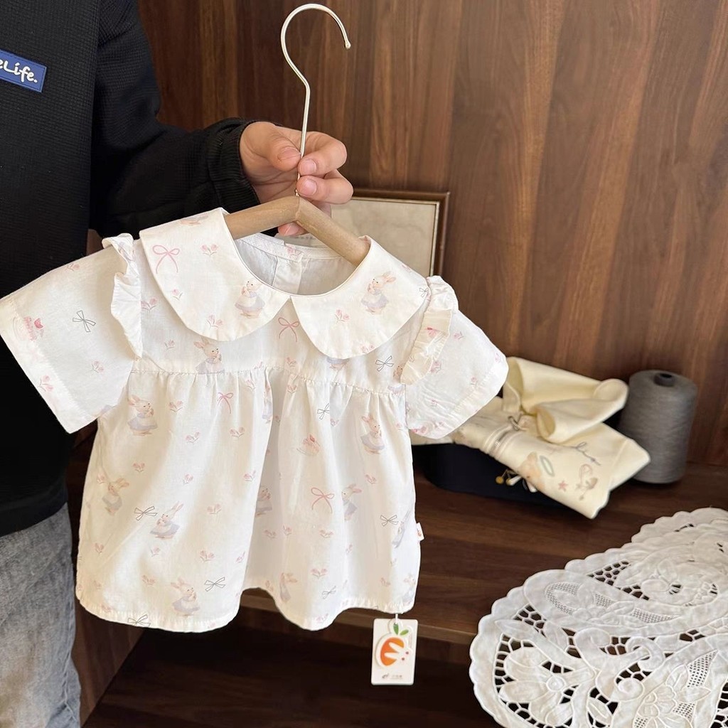 เสื้อตุ๊กตาลายดอกไม้แขนสั้นบางสำหรับเด็กทารกหญิง ฤดูร้อน 12M-4 ขวบ