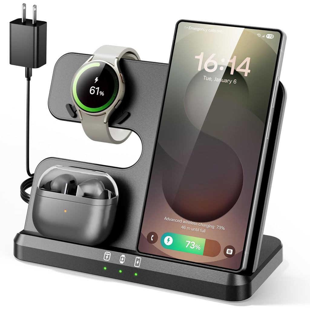สถานีชาร์จ 3 in 1 สําหรับ Samsung, แท่นชาร์จไร้สายสําหรับ Galaxy S25 Ultra/S24/S23/Z พับ, โทรศัพท์แล