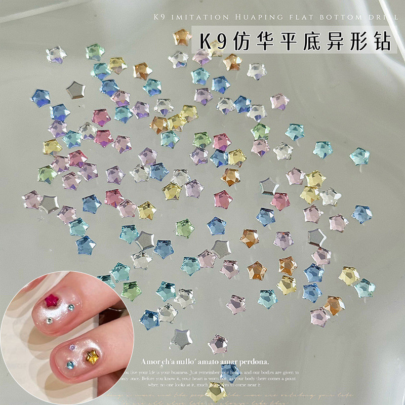 50 เค9 เลียนแบบปลาดาวแต่งเล็บเพชรที่มีสีสันลิงน้อยดาวซูเปอร์กระพริบด้านล่างแบนดาวห้าแฉกสวมใส่เล็บอุปกรณ์แต่งเล็บเพชร