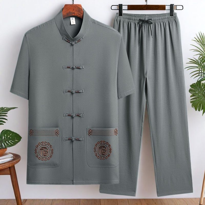中老年唐装男士短袖衬衫套装爸爸夏装冰丝爷爷夏季太极服老人汉服Tang style men's middle-aged and elderly Chinese style Hanfu, father's
