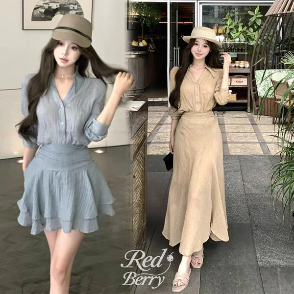 Red Berry ชุดสองชิ้นผู้หญิง เสื้อเชิ้ตแขนยาว + กระโปรง สไตล์เกาหลี ฤดูใบไม้ผลิและฤดูร้อน 99455