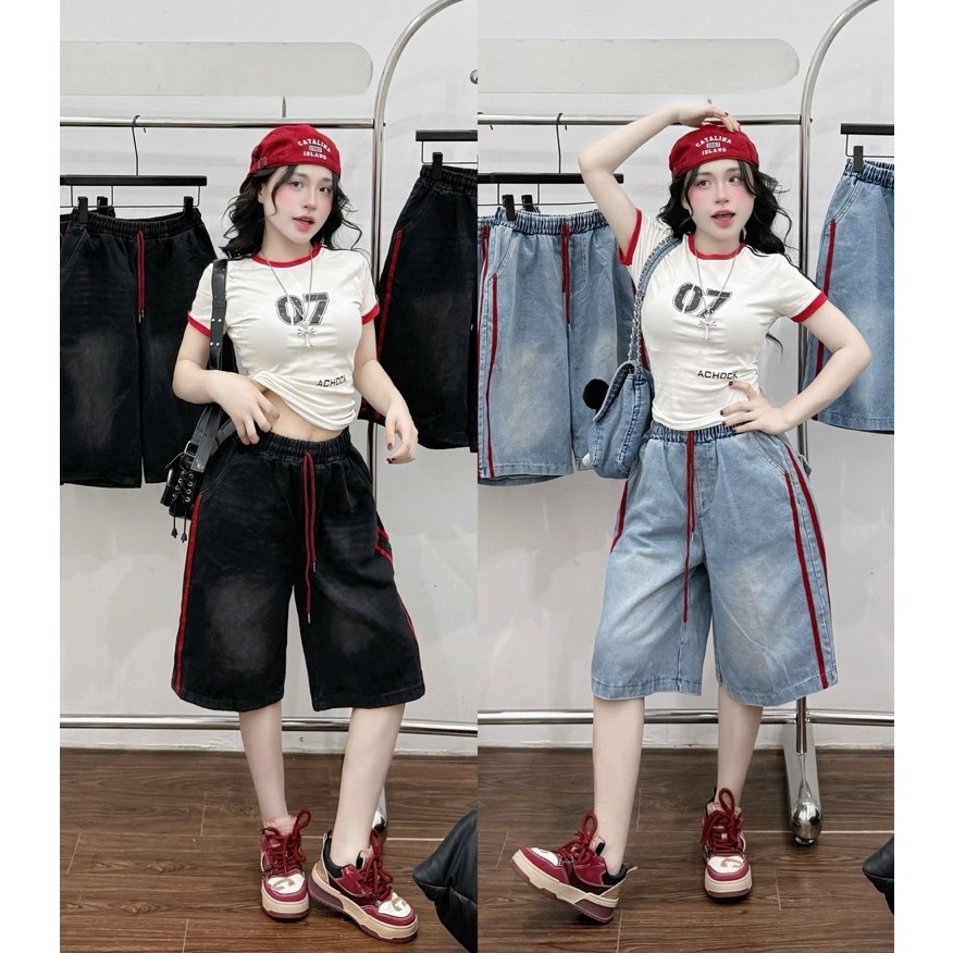 #งานเวียดนาม Set เสื้อยืดแต่งกุ๊นมาพร้อมกางเกงยีนส์ทรงสวย