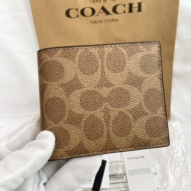COACH CY394 ID Billfold Wallet In Signature Canvas In Tan/Black
