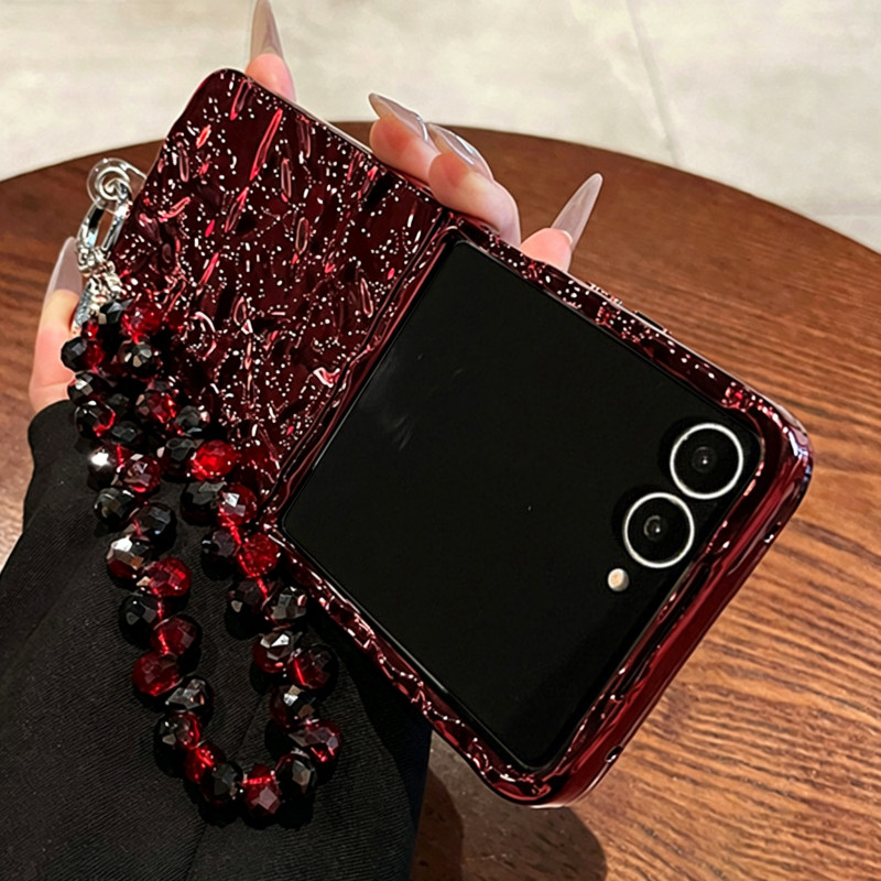 หรูหรา Electroplated พับไวน์สีแดงเคสโทรศัพท์ Glitter คริสตัลสําหรับ Samsung Galaxy Z Flip 7 6 Z Flip6 ZFlip 5 Zflip6
