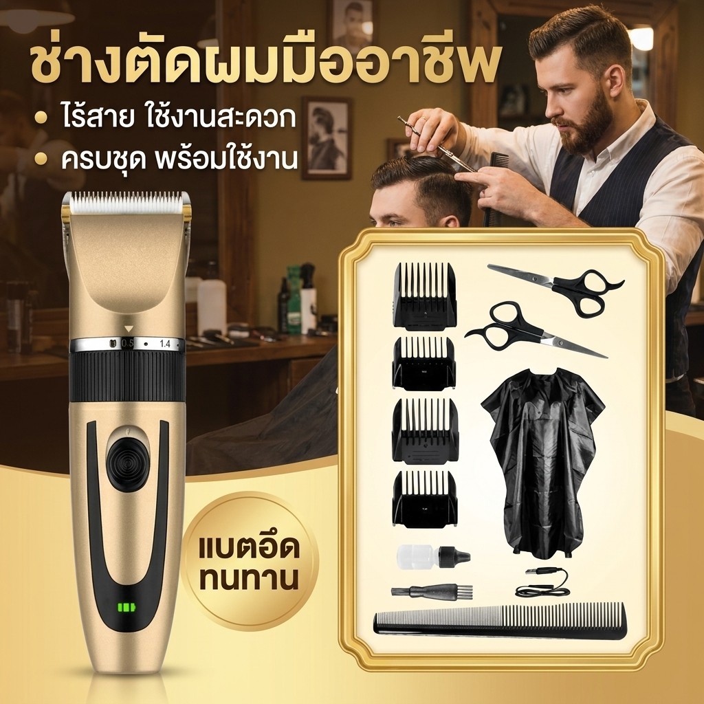 มีกรรไกร ผ้าคลุม ครบเซ็ทไม่ต้องซื้อเพิ่มพร้อมส่ง 24ชม. เซ็ตตัดผมชาย ปัตตาเลี่ยนไร้สาย ที่ตัดผมไฟฟ้า คุณภาพดี ประกัน3ปี