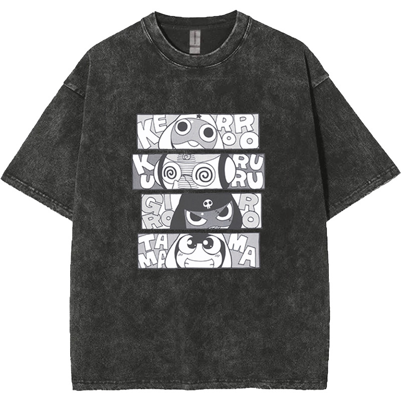 Keroro Gunso หล่อแขนสั้นเสื้อยืดญี่ปุ่นอะนิเมะกบ Gunso All-Match น่ารักสีดําเสื้อยืด Retro ล้างด้านบน