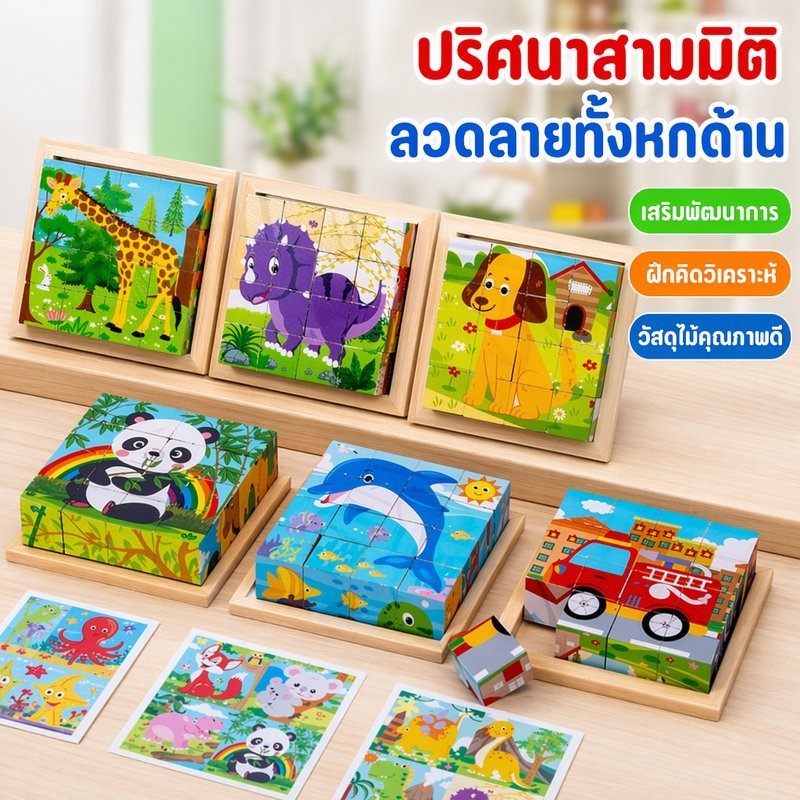 บล็อกไม้ ปริศนา 6 ด้าน ของเล่นเสริมพัฒนาการ ฝึกตรรกะ จิ๊กซอว์เด็ก รูปสัตว์ รูปจราจร