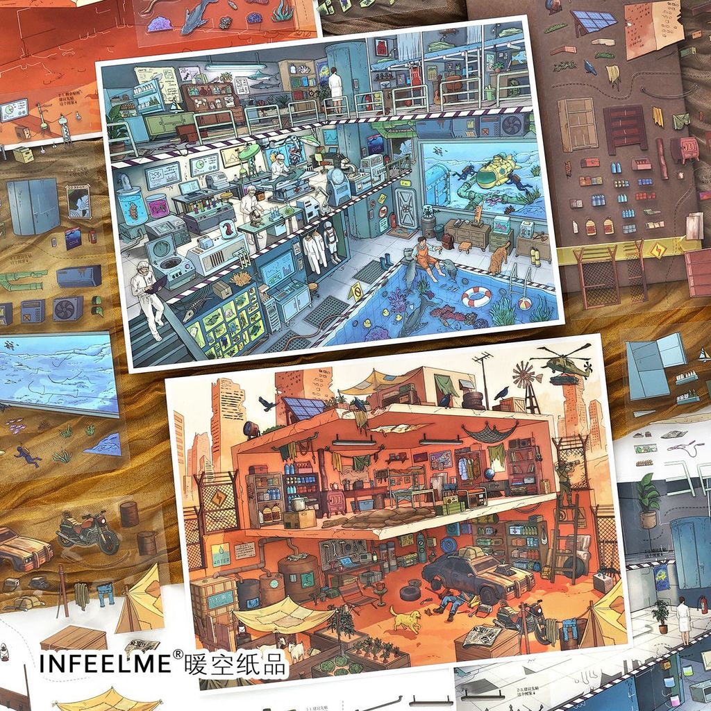 Idako [ชุดห้าสิบธุรกิจวันนี้] 4 ชิ้นขนาดใหญ่ 2.5D ภูมิทัศน์สติกเกอร์ Wasteland Cabin อาคาร Diy SS458
