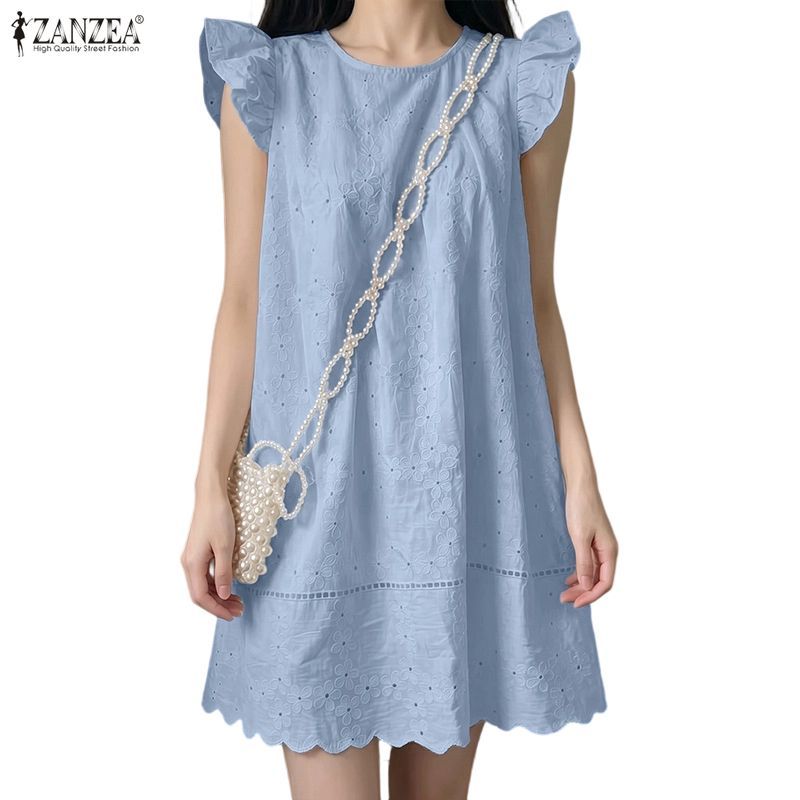 ZANZEA เสื้อผ้าผู้หญิงสไตล์ลําลองเกาหลี Hollow Out หลวม A-Line Fly Sleeve Lace Hollow เย็บปักถักร้อยตุ๊กตาชุด