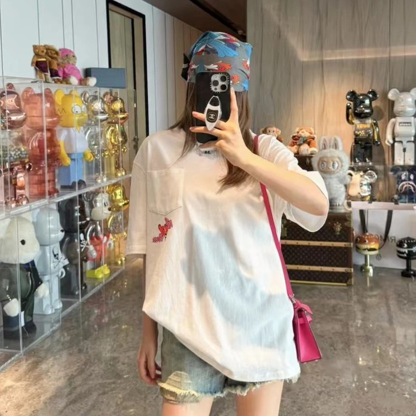 Chrome Hearts เสื้อยืดแขนสั้นฤดูร้อนขนาดใหญ่สไตล์คลาสสิกความรู้สึกการออกแบบลําลอง 2 เส้นรอบคอพิมพ์โล