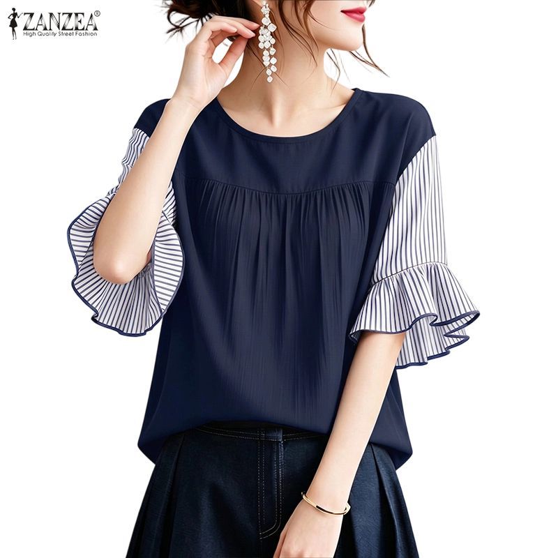 ZANZEA ผู้หญิงเกาหลีอารมณ์หรูหรารอบคอ 3/4 Ruffle Sleeves Stripe Patchwork เสื้อ