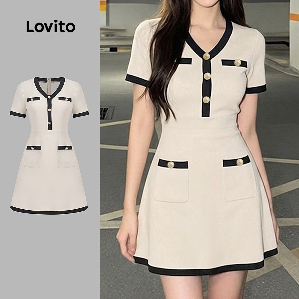 Lovito เดรสผู้หญิงทรงเรียบหรู คัลเลอร์บล็อก กระดุม สีคากี สําหรับฤดูใบไม้ผลิ/ฤดูร้อน LK4ED904