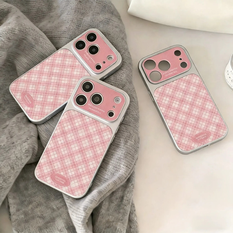 สีชมพูสีขาว Rhombus ลายสก๊อต Veneered หน้าต่างขนาดใหญ่เคสโทรศัพท์สําหรับ iPhone 12 17 16E 15 14 13 11 Pro Max 15 Plus หนังเนื้อ Anti-Drop ขนาดใหญ่หน้าจอฝาครอบป้องกัน