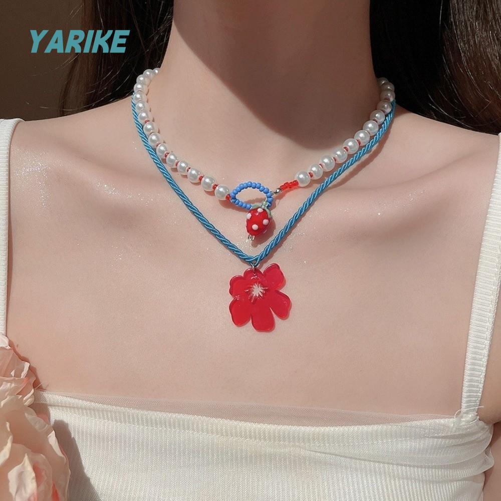 YARIKE สร้อยคอดอกไม้ 2pca, สร้อยคอเชือกถักจี้สตรอเบอร์รี่อะคริลิค, แฟชั่นเป็นชั้นจําลองลูกปัดโซ่ฤดูร