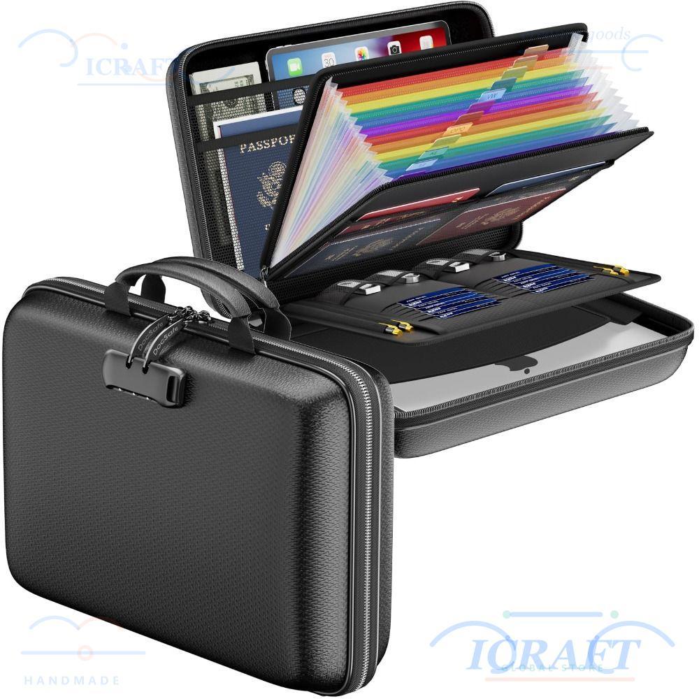 ICRAFT แฟ้มกันไฟ, 13 กระเป๋าพร้อมล็อค Hard-Shell , Safe Storage กล่องเอกสารทนไฟแบบพกพาสําหรับเอกสารสําคัญแล็ปท็อป