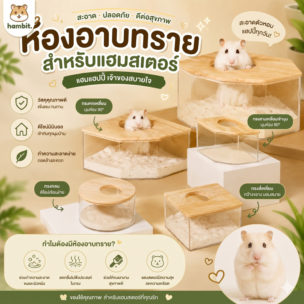 Hambit. ห้องอาบน้ำแฮมสเตอร์ ฝาไม้แท้ อ่างอาบน้ำหนูแฮมสเตอร์ อะคริลิกใส ดีไซน์มินิมอล ทรงเหลี่ยม/ทรงเข้ามุม