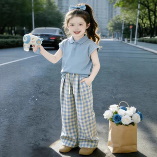 [ML] 80-180CM Girls Fashion Casual POLO Shirt กางเกงลายสก๊อตฤดูร้อนสไตล์ใหม่เด็กใหญ่แฟชั่นเกาหลีรุ่นอินเทรนด์ Influencer เสื้อผ้า