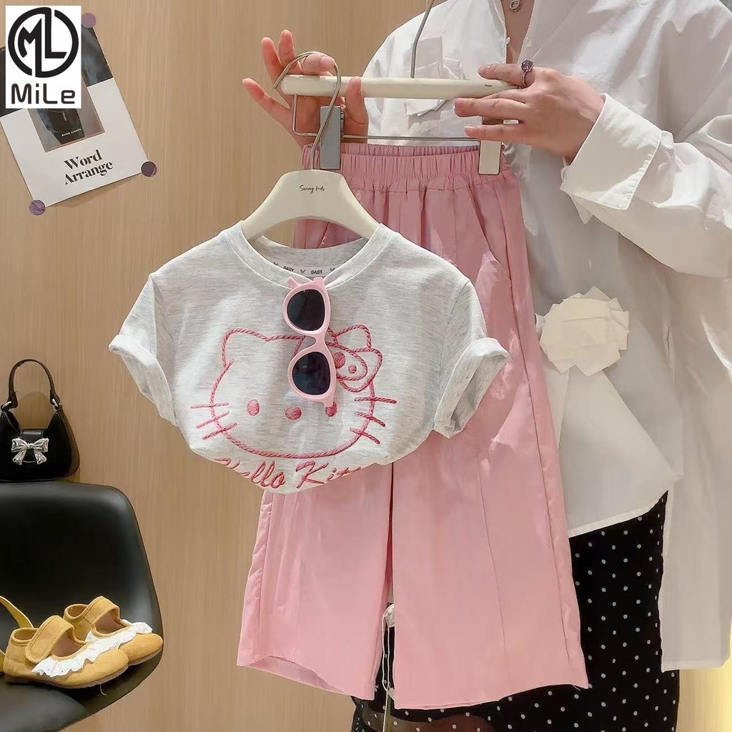 [มล] 80-170ซม หวานน่ารักสไตล์สาวแขนสั้นเสื้อยืดฤดูร้อนเด็กสวมใส่ด้านนอกกางเกงลําลอง