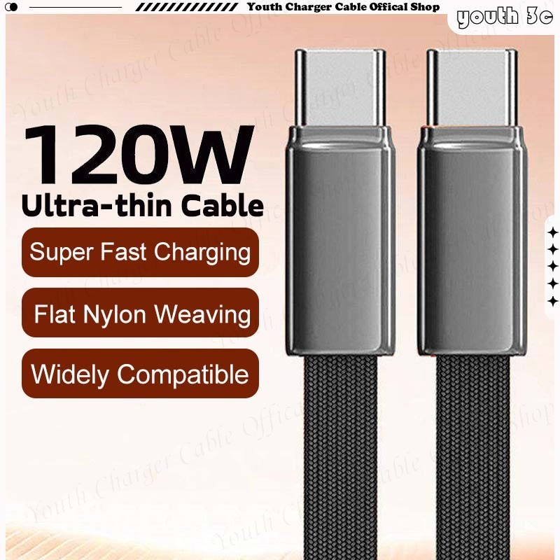 Braided 120W Super Fast สายชาร์จข้อมูลประเภท C ชาร์จโทรศัพท์สายแบน Ultra-thin 6A รถ Charger สําหรับ I-OS/Type C 0.25 M/1 M/1.5 M/2 M อุปกรณ์เสริม