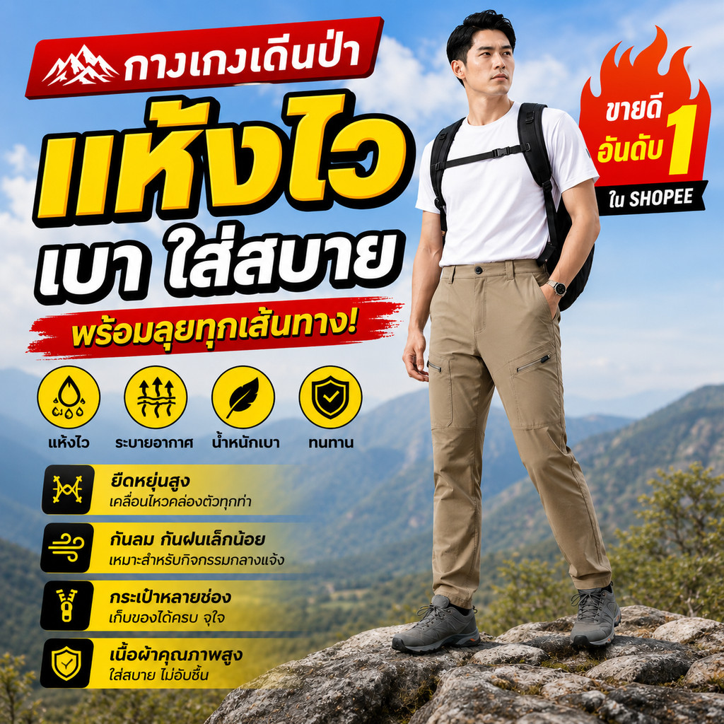 ซื้อ1แถม1 กางเกงขายาวผู้ชายแห้งเร็ว กางเกงเดินป่า กางเกงขาสปอร์ต เหมาะกับทุกกิจกรรม