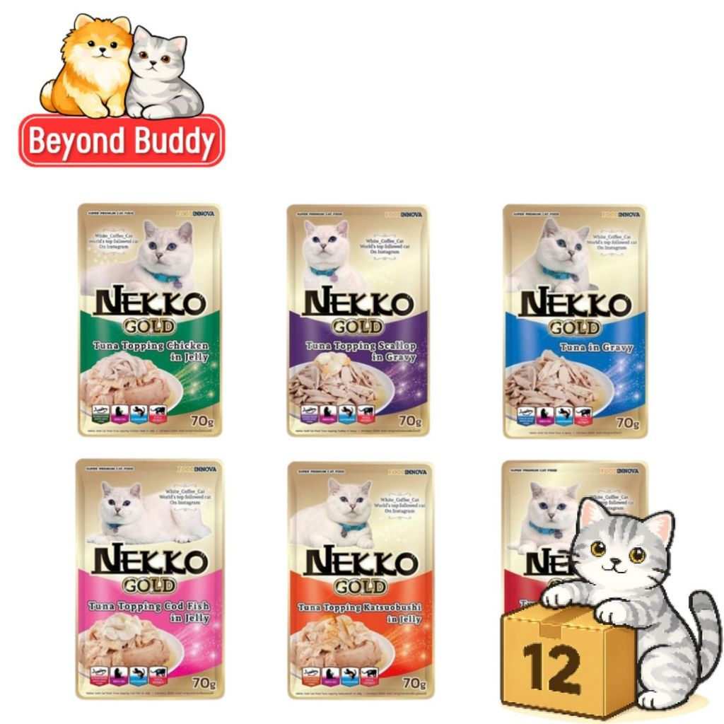 ( ยกโหล 12 ซอง ) Nekko Gold เน็กโกะ โกลด์ อาหารเปียกแมว ทูน่าเนื้อขาว เกรดพรีเมียม เปียกแมว ซอง 70g