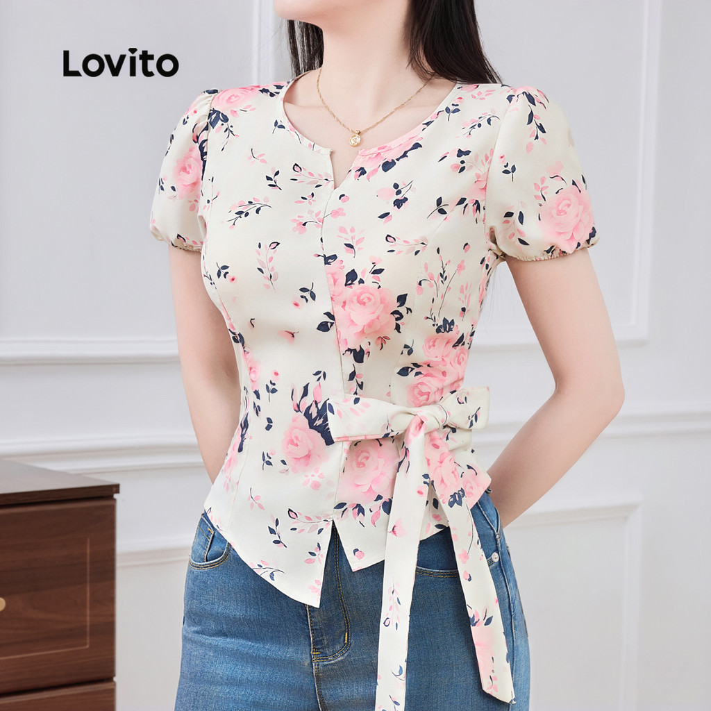 (New) Lovito เสื้อบลูซสำหรับหญิงสาวแบบ โบฮีเมียน ผูกเชือก สำหรับฤดูใบไม้ผลิ/ฤดูร้อน L143ED133