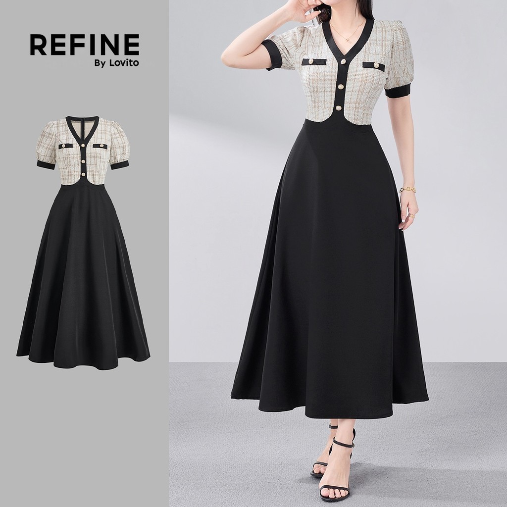 (Refine by Lovito) ชุดเดรสหรูหรา กระเป๋าปลอม กระดุม ชุดสปริง/ซัมเมอร์สำหรับผู้หญิง LR18ED034