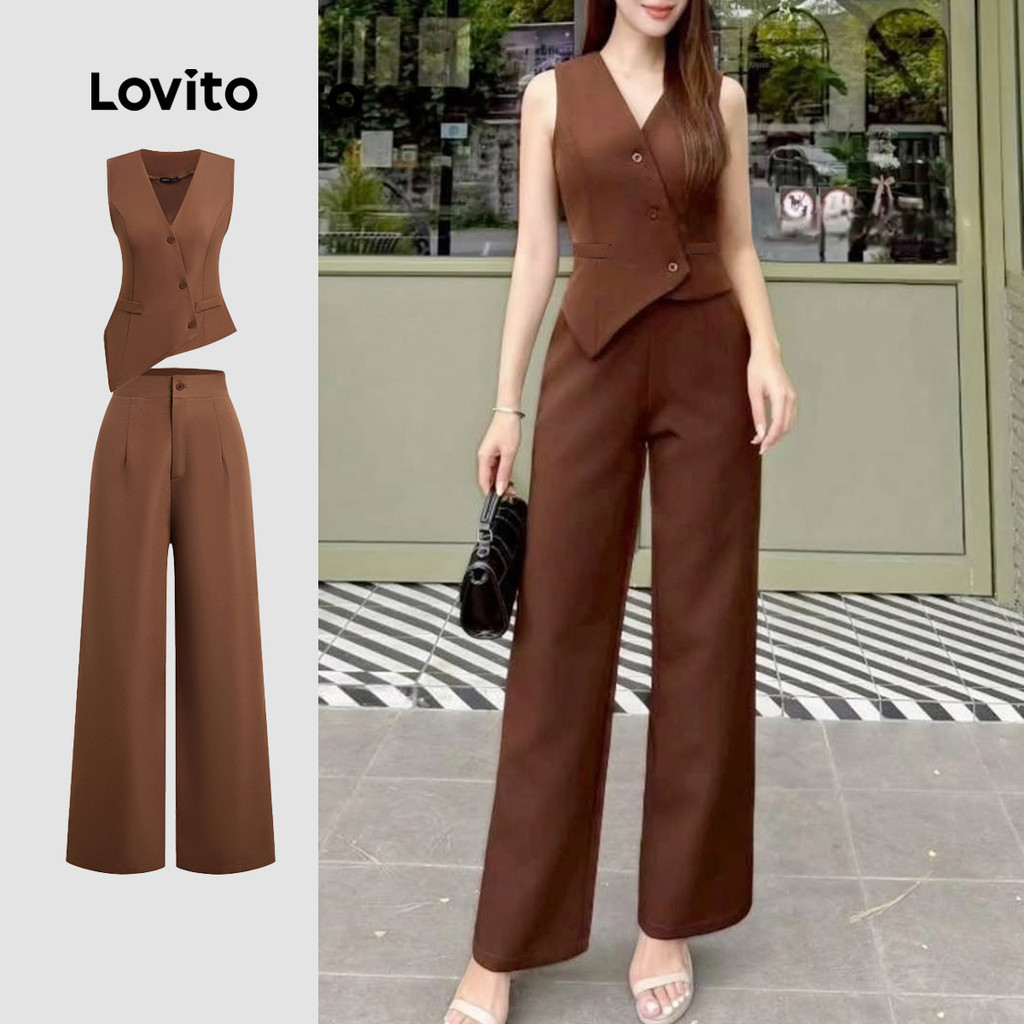 Lovito สง่างาม เสื้อผ้าสไตล์หรูหราหรือกางเกงด้านล่าง กางเกงขายาวสีน้ำตาลสำหรับฤดูใบไม้ผลิ/ฤดูร้อน L158ED727