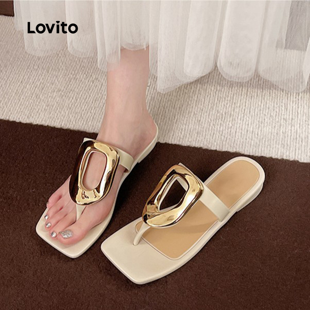 Lovito รองเท sandals แบนเรียบหรู สีโลหะ สำหรับผู้หญิง LFA90206