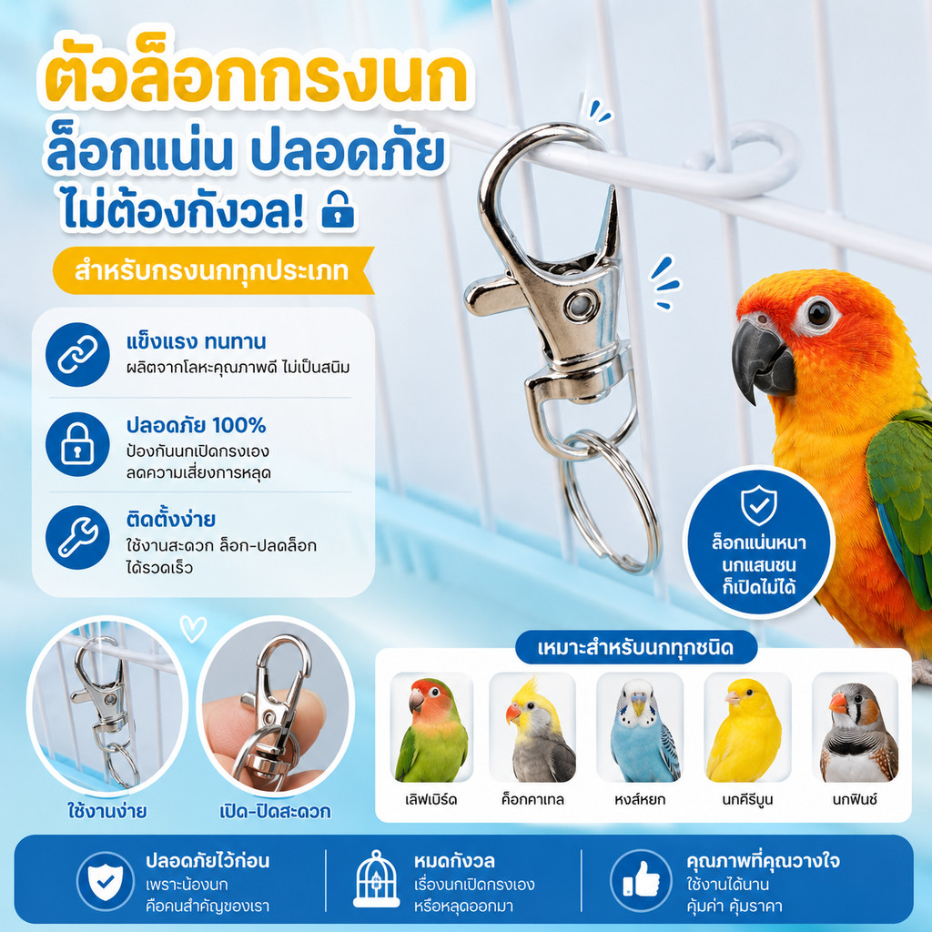 parrot.thailand ตัวล็อคกรงนก กันนกเปิดกรงเอง แข็งแรง ทนทาน ไม่เป็นสนิม สำหรับนกและสัตว์เลี้ยงเอ็กโซติกทุกชนิด